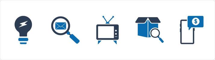A set of 5 Business icons as idea bulb, search mail, tv vector