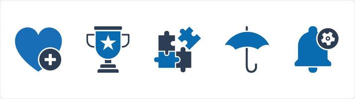 A set of 5 Business icons as heart, trophy cup, puzzle vector
