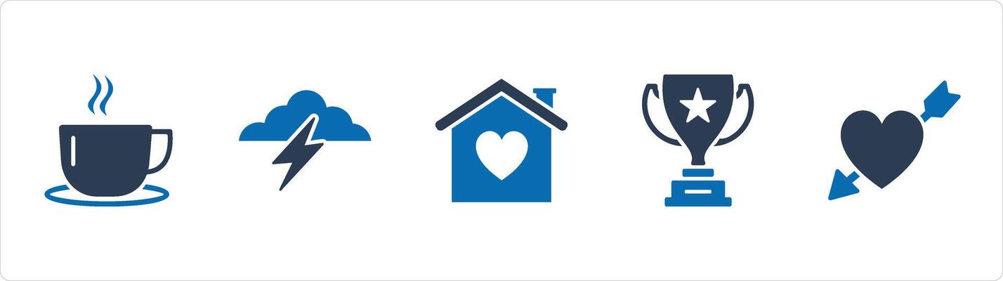 A set of 5 Business icons as hot beverage, cloud lightning, sweet home