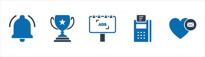 A set of 5 Business icons as notification, trophy cup, ad board vector