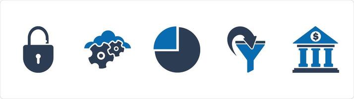 A set of 5 Business icons as open lock, cloud settings, pie chart vector