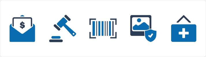 A set of 5 Business icons as salary mail, law, bar code vector