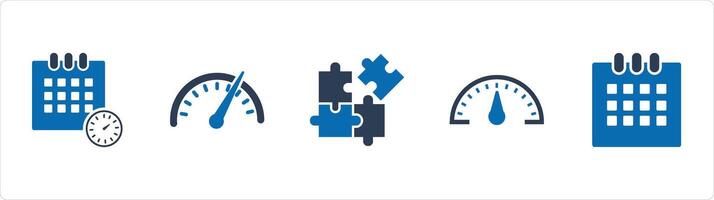 A set of 5 Business icons as schedule, speedometer, puzzle vector