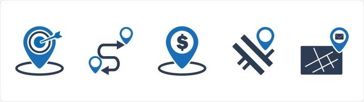 A set of 5 Business icons as target location, route map, bank location vector