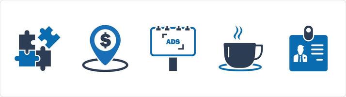 A set of 5 Business icons as puzzle, bank location, ad board vector