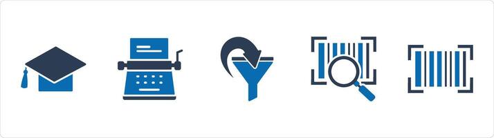 A set of 5 Business icons as graduation cap, typewriter, filter vector