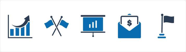 A set of 5 Business icons as growth, cross flag, presentation vector
