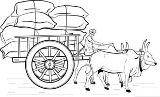 Indian Bullock Cart, farmer riding a bullock cart Indian village, Hand drawn in thin line style vector