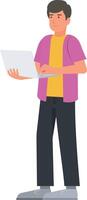 Young man holding laptop computer and working while standing vector