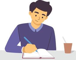 Young Man Writing in Notebook While Sitting at Table With Beverage vector