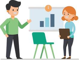 A man and woman stand in front of a board with a chart, discussing data analysis during a business meeting. vector