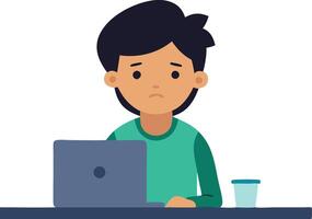 A man sits at a desk with a laptop, appearing focused and contemplative, surrounded by a calm workspace. vector