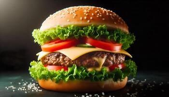 Burger image with black background, cheese, lettuce, tomatoes, and pickles, photo