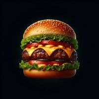 Burger image with black background, cheese, lettuce, tomatoes, and pickles, photo