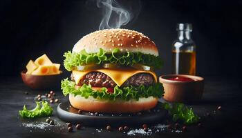 Burger image with black background, cheese, lettuce, tomatoes, and pickles, photo