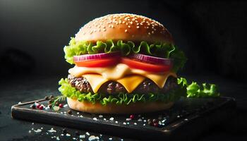 Burger image with black background, cheese, lettuce, tomatoes, and pickles, photo