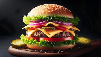 Burger image with black background, cheese, lettuce, tomatoes, and pickles, photo