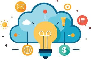 Light bulb surrounded by business icons representing ideas, innovation, and creativity in a flat illustration vector