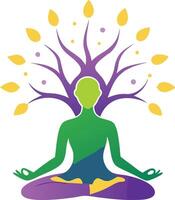 Meditating figure with a tree symbolizing inner balance, growth, and spirituality in a colorful flat design vector