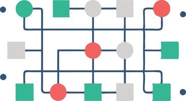 Flat abstract diagram with interconnected nodes and lines symbolizing a complex network and workflow vector