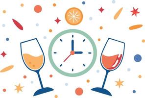 New Year's Eve celebration with wine glasses and a clock, symbolizing festivities, countdown, and joy in design vector
