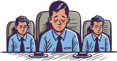 Tired businessman in a meeting with multiple versions of himself appearing exhausted and frustrated vector