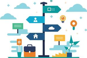 illustration of directional signposts surrounded by business and travel icons, symbolizing decisionmaking and options vector
