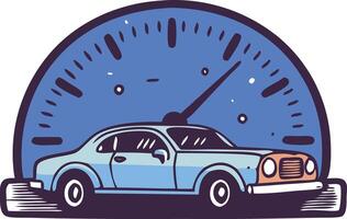 Speedometer with a car, symbolizing performance, speed, and acceleration in a handdrawn illustration vector