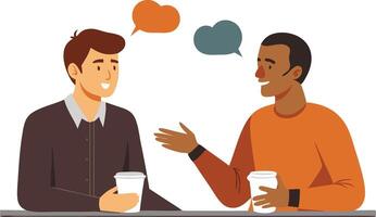 Two Men Engaged in a Friendly Conversation While Drinking Coffee vector