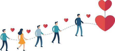People holding hands with hearts, representing love, support, and connection in a flat illustration vector