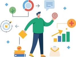 Businessman analyzing graphs and charts, symbolizing business performance, success, and growth in a flat design vector