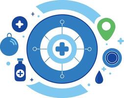 Target with a cross and medical icons, representing healthcare strategy and goals in a design vector