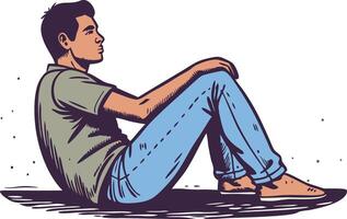 Young man sitting alone, symbolizing contemplation, selfreflection, and solitude in a handdrawn style vector