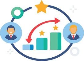 Graph with business icons and figures representing growth, success, and leadership in a flat design vector