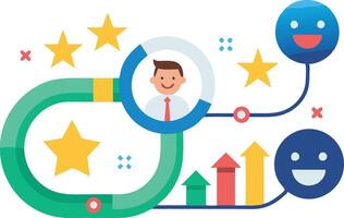 Smiley and sad faces connected by arrows, representing feedback, customer satisfaction, and evaluation in illustration vector
