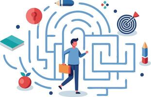 Businessman navigating through a complex maze, symbolizing problemsolving, challenges, and decisionmaking in business vector
