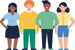 Group of four diverse individuals standing together promoting diversity, inclusion, and community in art vector