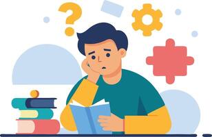 Young Student Contemplates Challenging Questions While Reading Books at a Study Desk vector