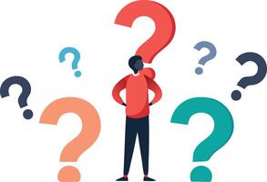 Person standing with question marks surrounding them, symbolizing confusion, doubt, and decisionmaking in design vector