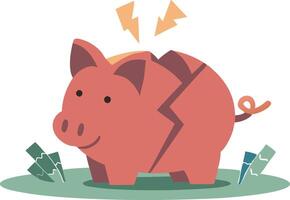 Broken piggy bank in a cartoon style, symbolizing economic challenges and financial struggles in design vector