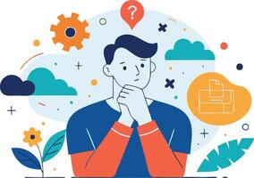 Confused businessman surrounded by gears and charts, symbolizing problemsolving, decisionmaking, and challenges in business vector