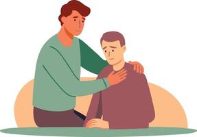 Man comforting another man in a moment of empathy, symbolizing support, friendship, and kindness in a flat design vector