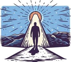 Woman walking towards light through a dark path, symbolizing hope, journey, and selfdiscovery in a handdrawn style vector