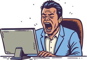 Angry businessman yelling at his computer screen, expression of frustration and workplace stress vector