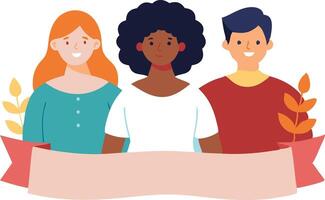 Three diverse individuals standing together, representing unity, community, and friendship in illustration vector