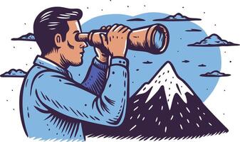 Man looking through a telescope at distant mountains, symbolizing vision, planning, and exploration in a handdrawn style vector