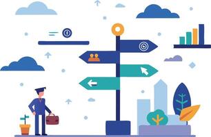 illustration of business and travel icons surrounding a directional signpost symbolizing various career options and paths vector