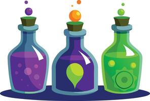Three potion bottles with colorful liquids, symbolizing magical potions, spells, and fantasy in a design vector