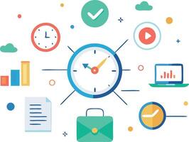 Time management concept with various icons representing productivity, business tasks, and efficiency in a flat illustration vector