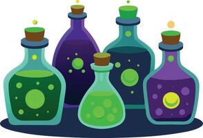 Colorful potion bottles with green and purple liquids, representing magic, potions, and fantasy in a design vector
